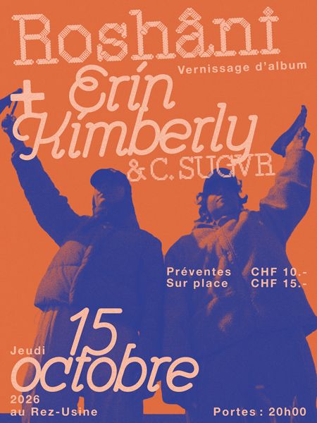 Affiche du concert de Roshâni en fond orange avec une photo du do en bleu.