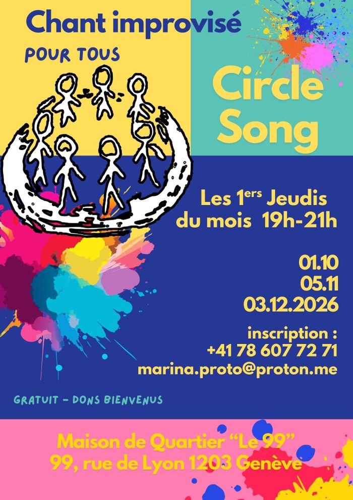 Un cercle de personnes qui chantent, des cadres de couleur avec les informations des séances les 1ers jeudis du mois.