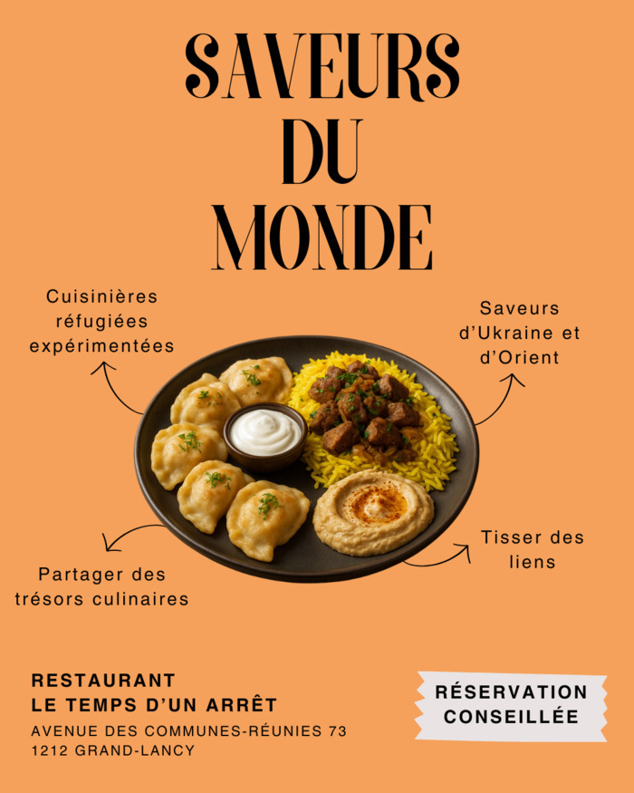 Ville de Lancy Un plat avec des raviolis, du riz, de la viande.