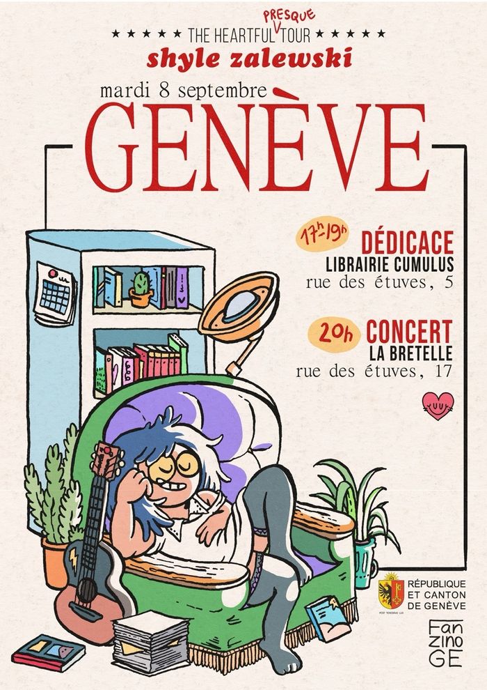 Affiche dessinée par Shyle Zalewski - personne souriante dans un fauteuil avec des livres, une guitare et une pile de papiers et des plantes vertes