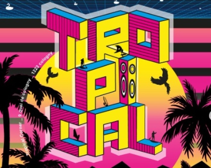 "Tropical" écrit en couleurs fluo avec des palmiers et des oiseaux