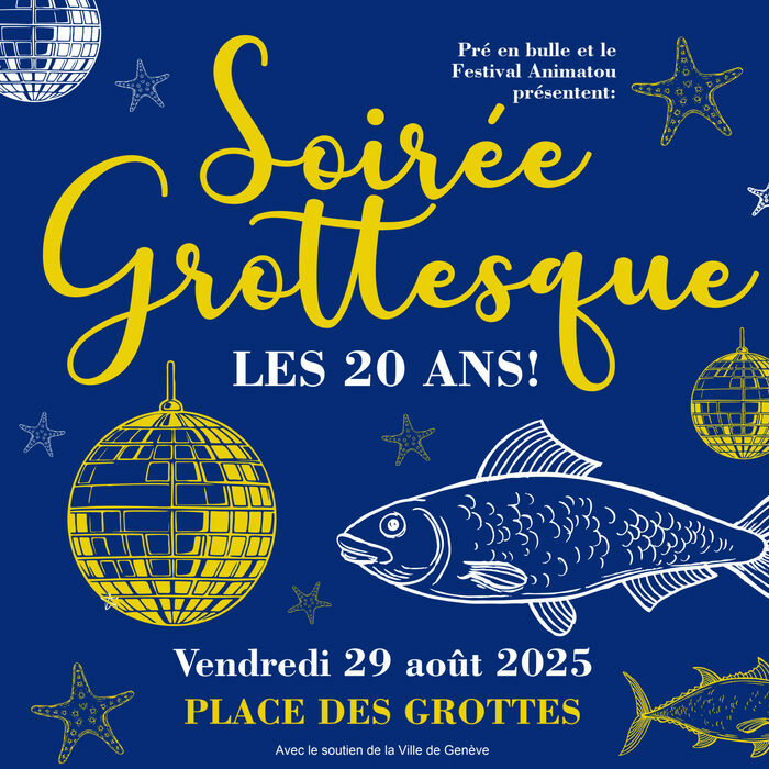 Pré en bulle symboles de poissons, étoiles de mer et boules à facettes sur fonf bleu