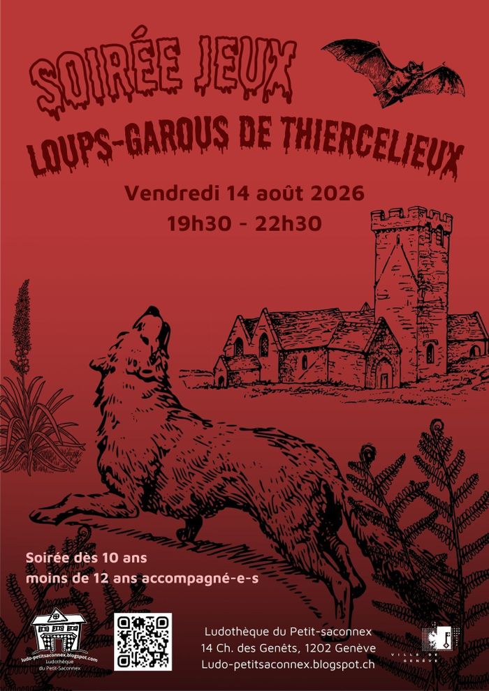 Des cartes de jeu décorent le flyer sur fond violet et quelques dates de soirées jeux au centre.
