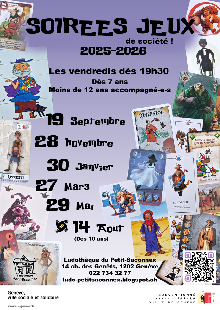 Ludothèque du Petit-Saconnex Des cartes de jeu décorent le flyer sur fond violet et quelques dates de soirées jeux au centre.