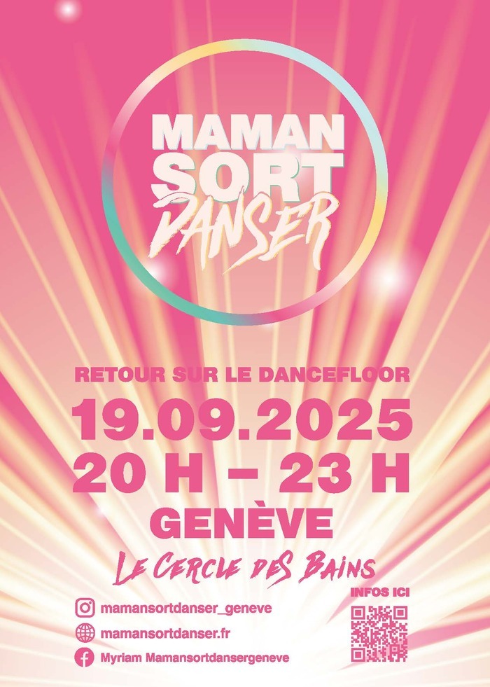 Mamagehttanzen Logo de maman sort danser sur fond de coucher de soleil.Texte "Retour sur le dancefloor" 19.09.2025 20H-23H Cercle des Bains
