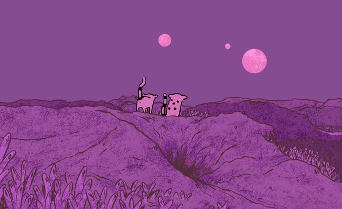Dessin dans les tons roses avec deux petits félins regardant l'horizon