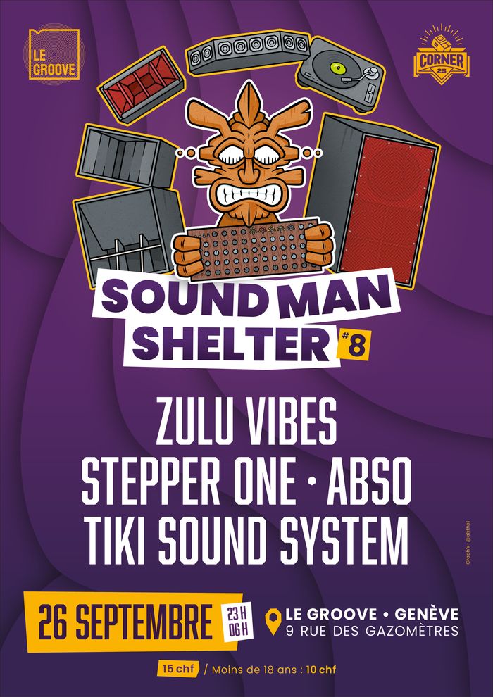 Affiche Soundman Shelter n8. Au centre l'illustration d’un personnage Tiki, devant de fats caissons de Soundsystem. Les informations pratiques de l’événement — date, heure, lieu, programmation et autres détails — sont également indiquées sur l’affiche.
