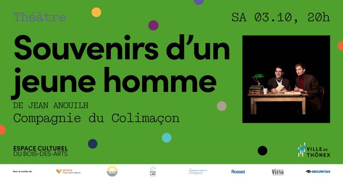 sur fond vert, on retrouve le titre et les informations du spectacle sur la gauche. Il y a des points de couleurs un peu partout sur le visage et une photo de la pièce en question à droite