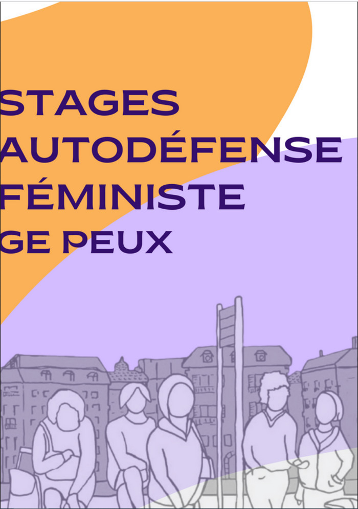 Viol-Secours Illustration représentant un groupe de personnages à un arrêt de bus devant des immeubles.