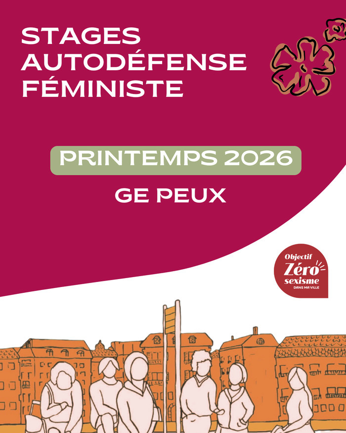En haut de l'image, le titre "Stages autodéfense féministe - Printemps 2026" sur fond rouge. En bas de l'image, un groupe de six personnages semblant appartenir à différentes générations attendent à un arrêt de bus devant des immeubles.