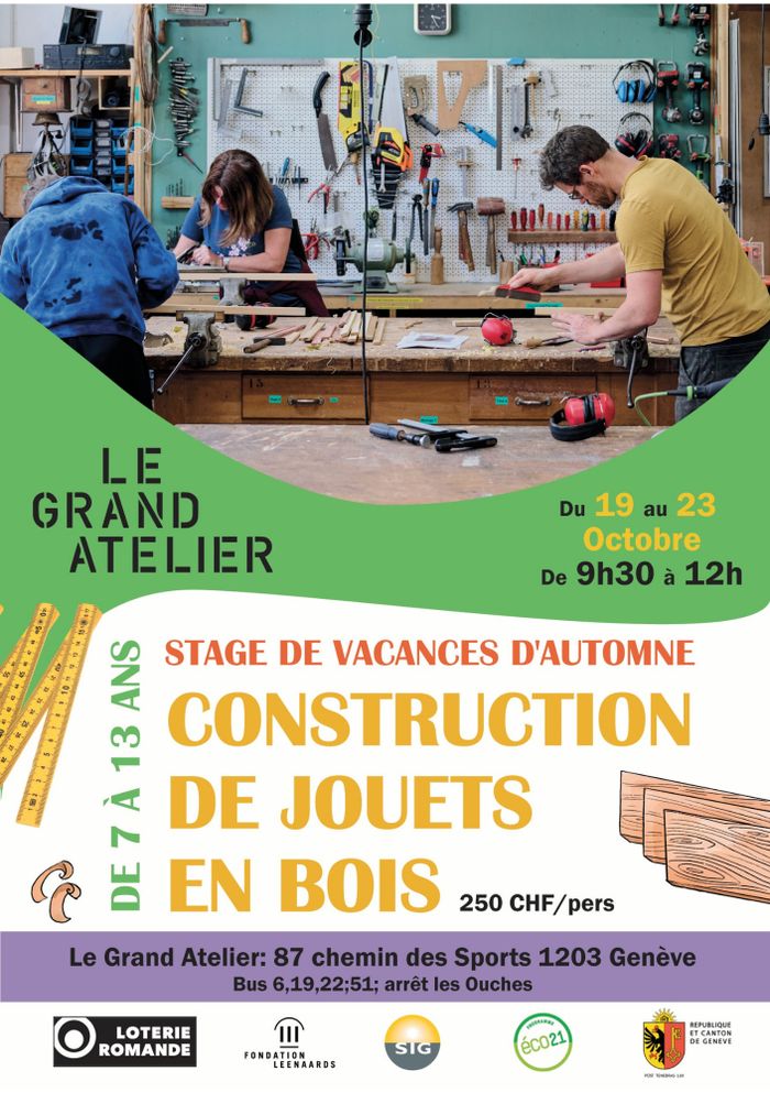 On voit plusieurs personnes dans un atelier, en train de travailler sur leurs propres projets en bois. Les dates du stage, du 19 au 23 octobre, ainsi que les horaires, de 9h30 à 12h00, sont indiqués sur l’image