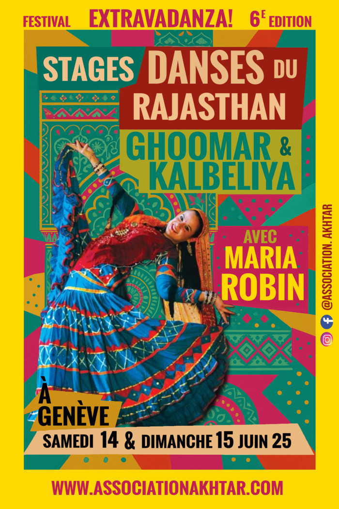 C. Fraiz Affiche stages danse du rajasthan à Genève avec Maria Robin le 14 et 15 Juin 2025. Maria porte une robe kalbeliya bleue.