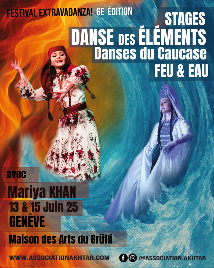 C.Fraiz Affiche avec Mariya Khan en costume blanc sous un fond de feu et d'eau pour faire la promotion de ses stages le 13 et 15 juin 2025 à Genève.