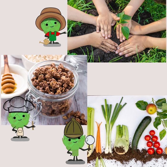 mains d'enfants entrain de planter une plante dans la terre - pot en verre avec un mélange de granola - légumes dans la terre - Festi'Terroir au parc des Bastions du 28 au 30 août