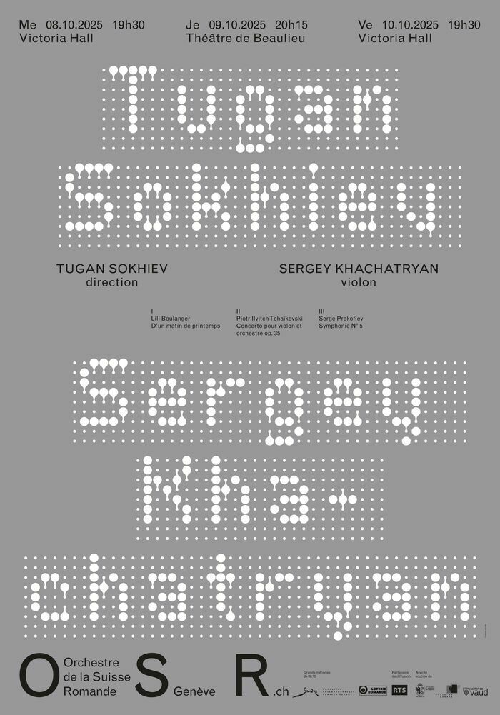 © Marco Borggreve Affiche de la soirée sur fond gris, écrit par des points blancs les noms des artistes, violoncelliste arménien invité à jouer un concert de musique classique avec l’Orchestre de la Suisse Romande dans le cadre de la saison 2025-26 au Victoria Hall, à Genève.