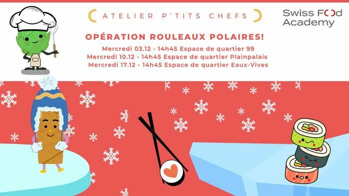 texte annonçant les dates des ateliers du mois de décembre avec image de rouleaux de printemps sur une banquise et des flocons de neige.