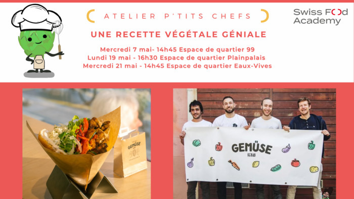 texte annonçant les dates des ateliers du mois de mai avec une photo de kebab et de l'équipe du restaurant Gemüse kebab