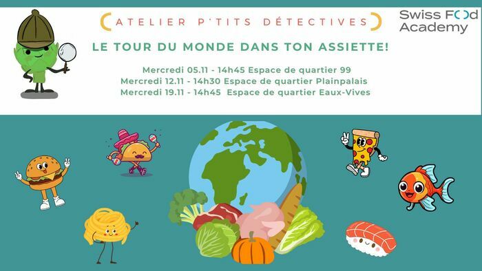 texte annonçant les dates des ateliers du mois de novembre avec image du globe et des aliments représentant quelques cultures culinaires.