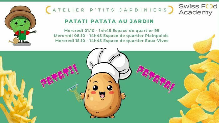 texte annonçant les dates des ateliers du mois d'octobre avec image d'un bonhomme pomme de terre avec uns toque de cuisinier.