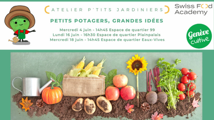 Swiss Food Academy texte annonçant les dates des ateliers du mois de juin avec une photo de légumes sur une bande de terre