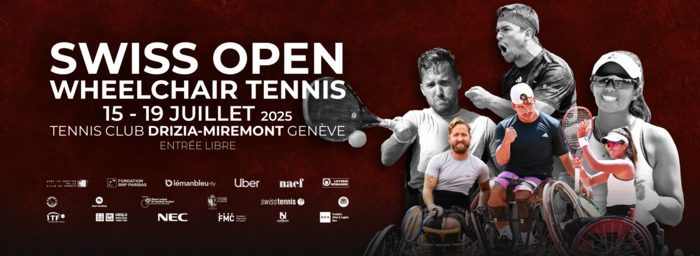 © Swiss Open Wheelchair Tennis - Michel Marie À droite de l'image un montage photo illustre trois joueurs de tennis en fauteuil roulant qui célèbrent . À gauche, le titre du tounoi et les dates sont présentes.