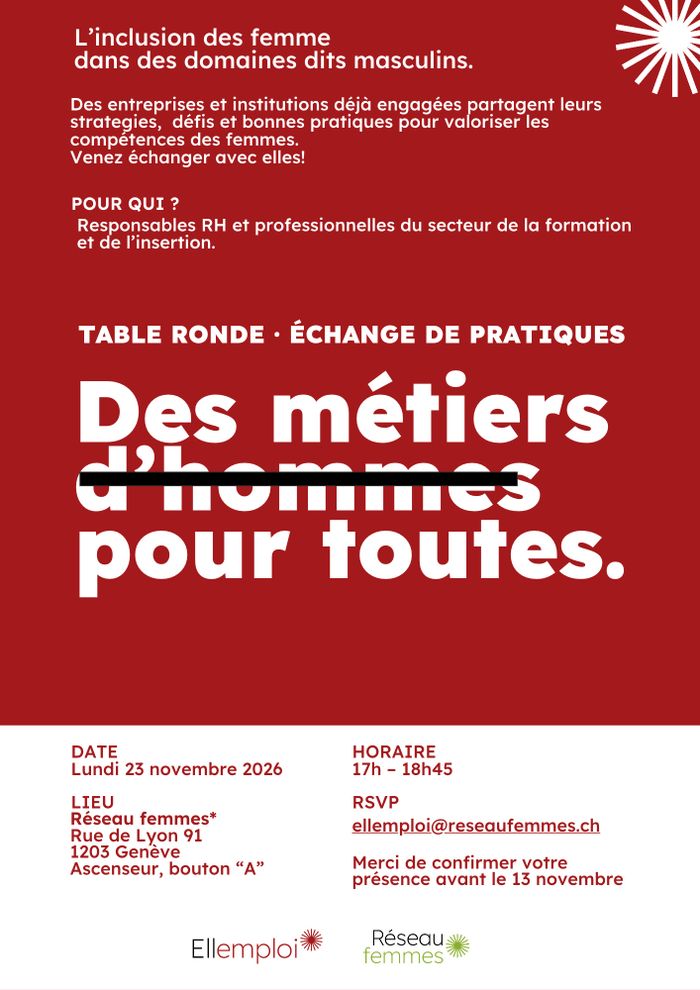 Flyer Table ronde: des métiers d'hommes pour toutes