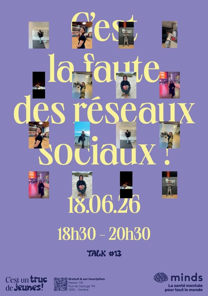 Une affiche avec des photos de personnes issues des réseaux sociaux et le titre de l'évéenment "C'est la faute des réseaux sociaux !"