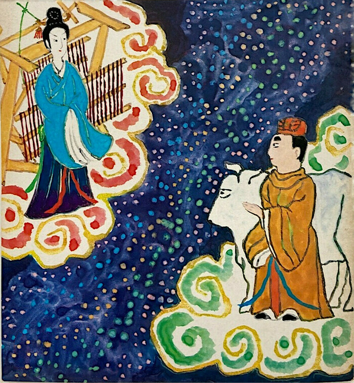 Copyright © 1973 Hikari no kuni magazine, illustrated by Suekichi Akaba 赤羽末吉 La rencontre de Orihime et Hikoboshi sur la Voie Lactée