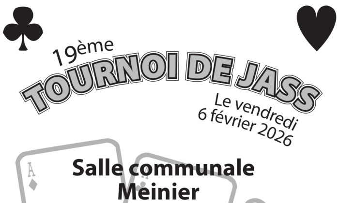 19ème tournoi de jass avec la date du 6 février 2026 et le lieu sur un jeu de cartes.