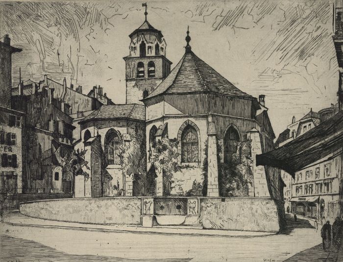 Dessin représentant une église dans la ville