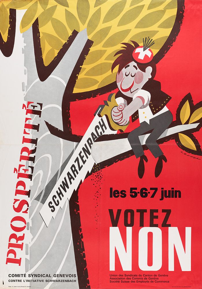 Affiche, Jean Leffel, Comité syndical genevois contre l'initiative Schwarzenbach, 1970.