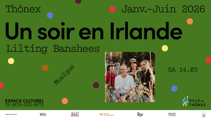 Sur un fond vert, on retrouve des petits points de couleurs avec les informations relatives à l'événement autour d'une photo qui est au centre