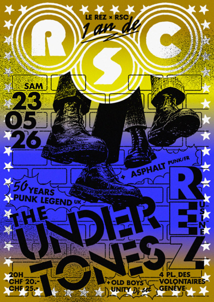 Affiche du concert des Undertones : sur un dégradé du doré au bleu, un dessin en noir de bottes à lacets et d'un mur de brique avec la mention "RSC" et "50 years punk legend"