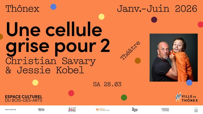 Sur fond orange, on retrouve des petits points de couleurs avec les informations de l'événement à gauche et à droite une photo des artistes