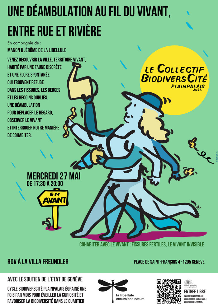 Un personnage androgyne va de l'avant, portant arrosoir, fleur et lombrics d'un bon pas, tout cela sur un fond vert clair. Avec un soleil dans lequel est inscrit le nom du Collectif BiodiversCité Plainpalais agrémenté de quelques gouttes de pluie. Ensuite, il y a toute les informations qui expliquent succinctement la proposition de rencontre avec La libellule.