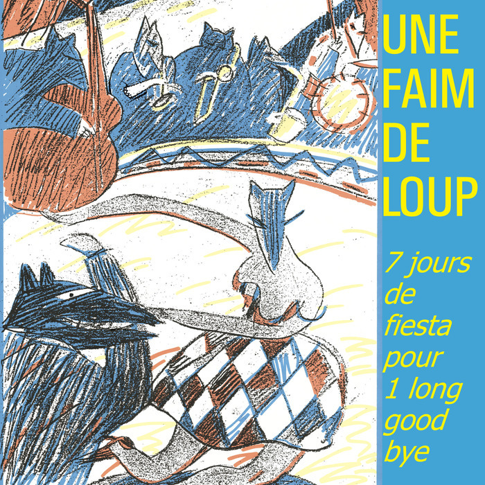 Eric Jeanmonod Visuel "Une Faim de Loup", dessiné au crayon de couleurs, qui représente une piste de danse avec dans le fond des silhouettes de loups musiciens et au premier plan un loup et une louve qui danse.