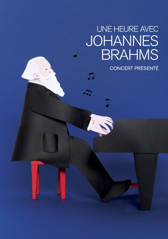 Un homme avec une grande barbe blanche représentant Johannes Brahms est assis sur un tabouret rouge et joue sur un piano à queue noir. Des notes de musique sortent du piano, le fond de l'image est bleu foncé.