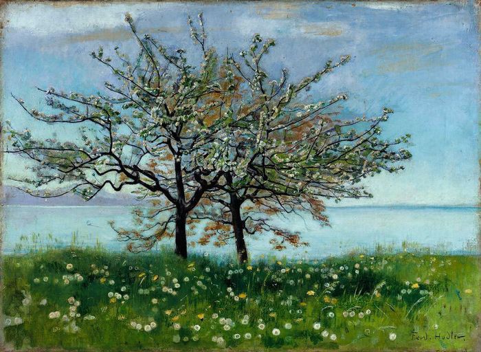 Ferdinand Hodler, "Pommiers au bord du Léman", vers 1893, huile sur toile, 45 x 62 cm, sifné en bas à droite "Fer. Hodler.", Genève, Musée d'art et d'histoire.