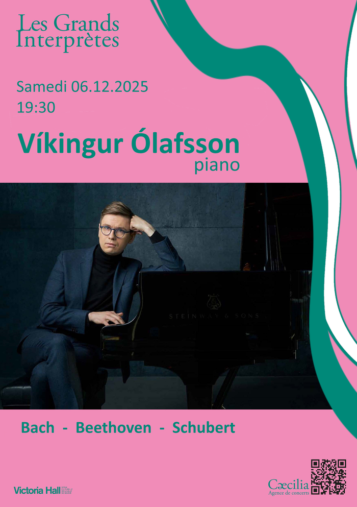 DR Affiche de la soirée sur fond rose, avec la photo de l’artiste