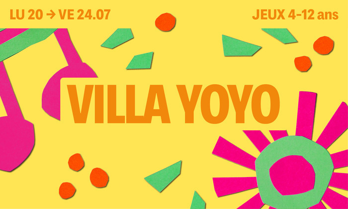 Sur fond jaune on retrouve des motifs colorés avec le titre écrit en orange