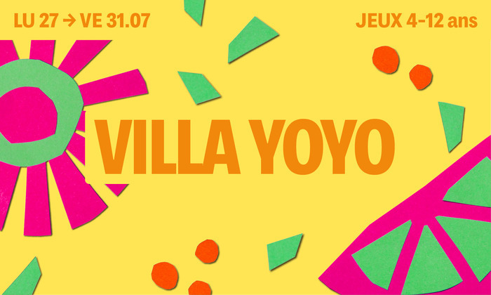 Sur fond jaune on retrouve des motifs colorés et le titre écrit en orange