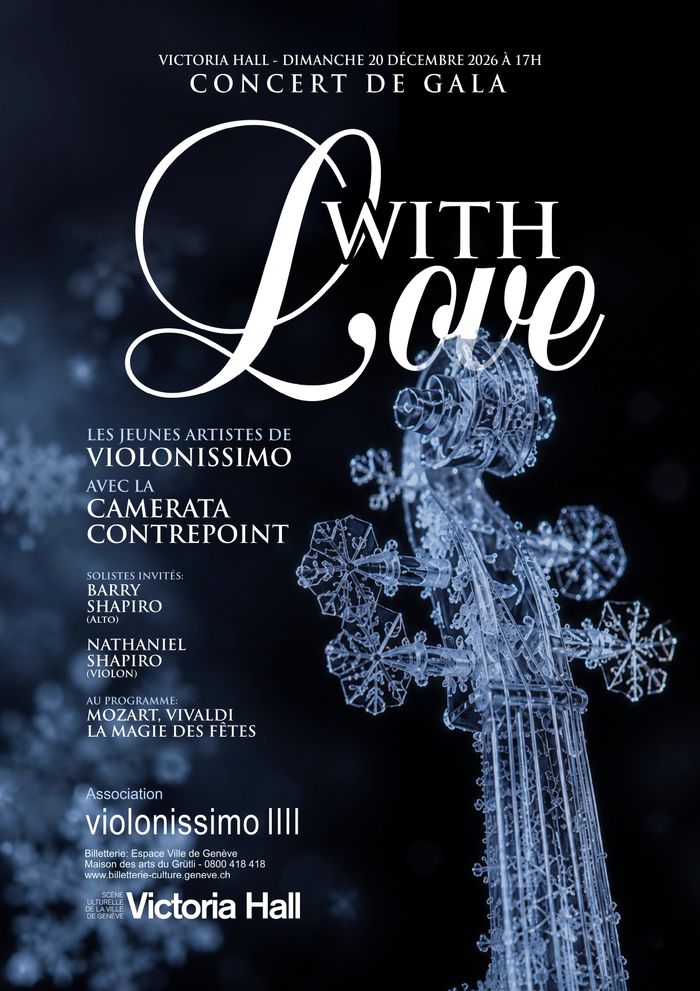 Affiche du concert de gala With Love de Violonissimo au Victoria Hall, avec un violon formé de cristaux de glace sur un fond bleu nuit.