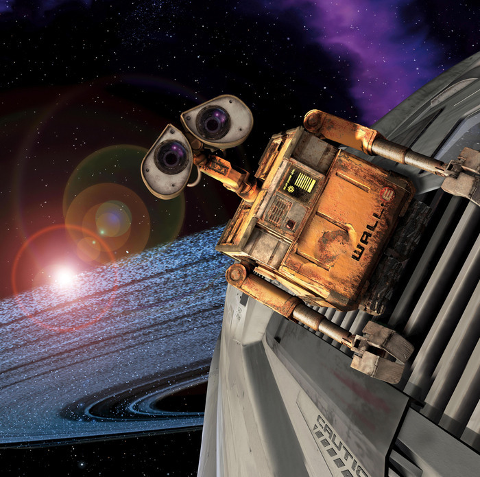 DR Wall-E qui surfe sur une fusée au milieu des étoiles