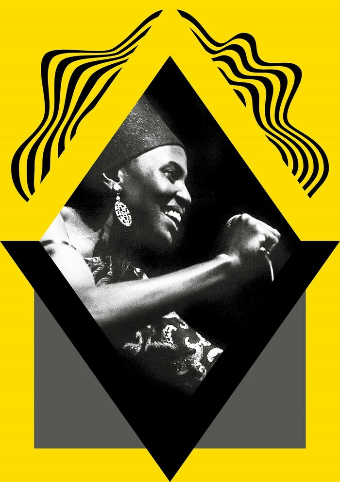 © Ntshepe Tsekere Bopape Affiche de l'exposition sans texte. Cadre jaune avec un losange. A l'intérieur du losange, une image en noir et blanc d'une artiste, Myriam Makeba.