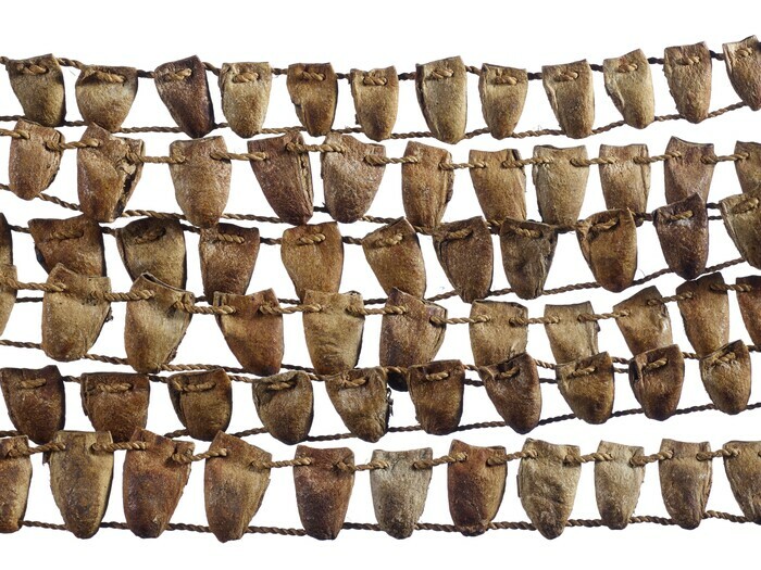 © MEG /J.Watts Détail d'un instrument de musique. Des petites cordes où sont enfilées des éléments végétaux, comme des cordes à linge, Il y a 6 rangées sur l'image.