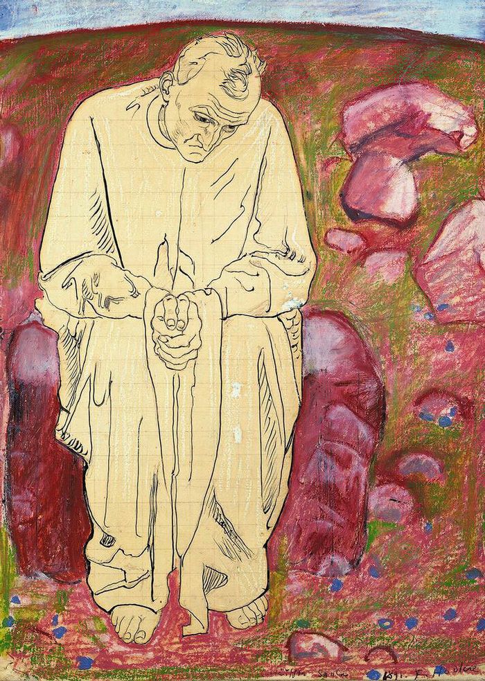 Ferdinand hodler, "Âme déçue", 1891, crayon au graphiste, encre, pastel à l'huile et huile sur papier marouflé sur toile, 49,5 x 35 cm, titré, signé et daté en bas à droite "Enttäuschte Seele 1891. F. Hodler", Galerie Michael Haas.