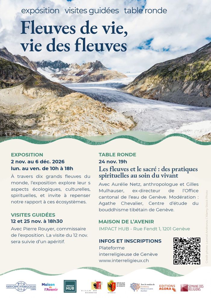 Affiche "Fleuve de vie, vie de fleuves" exposition, visites guidées et table ronde - Illustration: La hausse des températures moyennes annuelles dans les Alpes accélère la fonte des glaciers. Si la tendance se poursuit, les réserves d’eau que représentent le glacier du Rhône (photo) et d’autres dans l’arc alpin auront disparu à la fin du XXIe siècle.