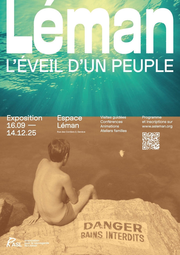 Partie supérieure: surface de l'eau vue d'en bas; Partie inférieure: jeune homme observant l'eau près d'un signe "DANGER, BAINS INTERDITS"