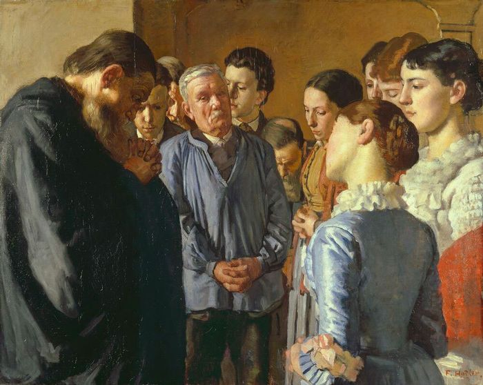 Ferdinand Hodler, "Prière", dit aussi "La Méditation", 1881-1882, huile sur toile, 80 x 100 cm, signé en bas à droite : "F. Hodler.", collection privée.
