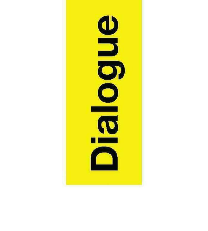 MEG Bandeau jaune avec écrit: dialogue. C'est le bandeau qui se trouve sur chacun des objets qui constituent le parcours dialogue dans l'exposition permanente.